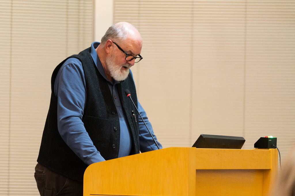 Will Geschke / The Herald
John Brock, a member of the Edmonds Environmental Council, speaks at the Edmonds City Council meeting on Tuesday in Edmonds.