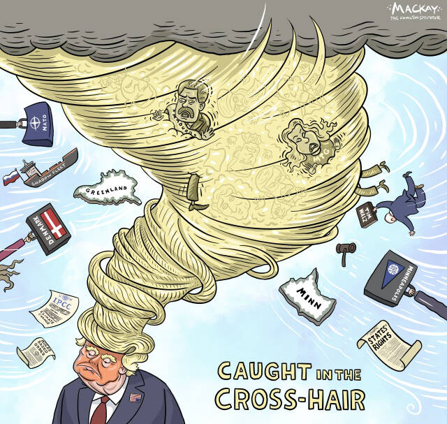 Editorial Cartoon by Graeme MacKay, The Hamilton Spectator –  Friday January 9, 2026

Trump's aggressive domestic and international strategies suggest a deliberate destabilization plan with uncertain objectives.

Trump's "Flood the Zone" Strategy: Predatory Moves with Unclear Ends

The actions of President Trump and his administration in early 2026 paint a troubling picture of a nation and world in flux. With aggressive foreign policies and escalating domestic tensions, a pattern emerges suggesting a deliberate "flood the zone" strategy with predatory intent aimed at destabilization. The ultimate goal of this approach remains elusive, leaving many to speculate on the schemes yet to unfold.

On the global stage, Trump's bold operation to remove Venezuelan President Nicolás Maduro and audacious threats towards Greenland signal a shift from traditional diplomacy to a more confrontational posture. This aligns with the withdrawal from 66 UN agencies and international treaties, further isolating the U.S. and abandoning multilateralism. Such moves, under the banner of "America First" and "Make America Great Again," appear to prioritize unilateral power over collaborative progress.

News: In Trump’s predatory world, Canada now swims in a shark tank https://www.theglobeandmail.com/politics/opinion/article-trump-predatory-world-canada-shark-tank/ 

Domestically, the deepening rift between federal and state governments, particularly with Democratic party governors like Mike Walz in Minnesota, Gavin Newsom in California, and JB Pritzker in Illinois, reflects an administration willing to exacerbate divisions. The tragic ICE shooting in Minneapolis and the deployment of thousands of federal agents in these states highlight a federal overreach that fuels unrest rather than quelling it.

This strategy of relentless provocation may serve multiple purposes. Politically, it could aim to rally a base that thrives on narratives of strength and self-reliance. Strategically, it might