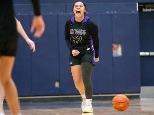 Lake Stevens’ Keira Isabelle Tupua reacts to beating Glacier Peak on Friday, Jan. 24, 2025 in Snohomish, Washington. (Olivia Vanni / The Herald)