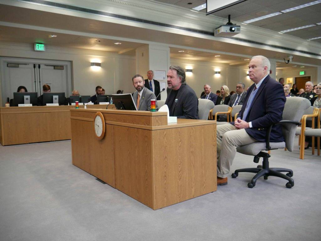 Brian Heywood of Lets Go Washington, center, testifies in support of one of the groups initiatives during the 2024 legislative session. Lawmakers approved three of the measures the group put forward that year. Democratic legislative leaders say they will not allow hearings during this years session for the groups two latest initiatives. (Photo by Bill Lucia/Washington State Standard)