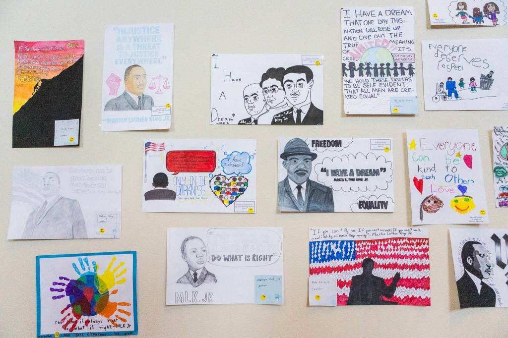 Martin Luther King Jr. inspired art hangs on a wall inside the Carl Gipson Center on Monday, Jan. 19, 2026, in Everett, Washington. (Olivia Vanni / The Herald)