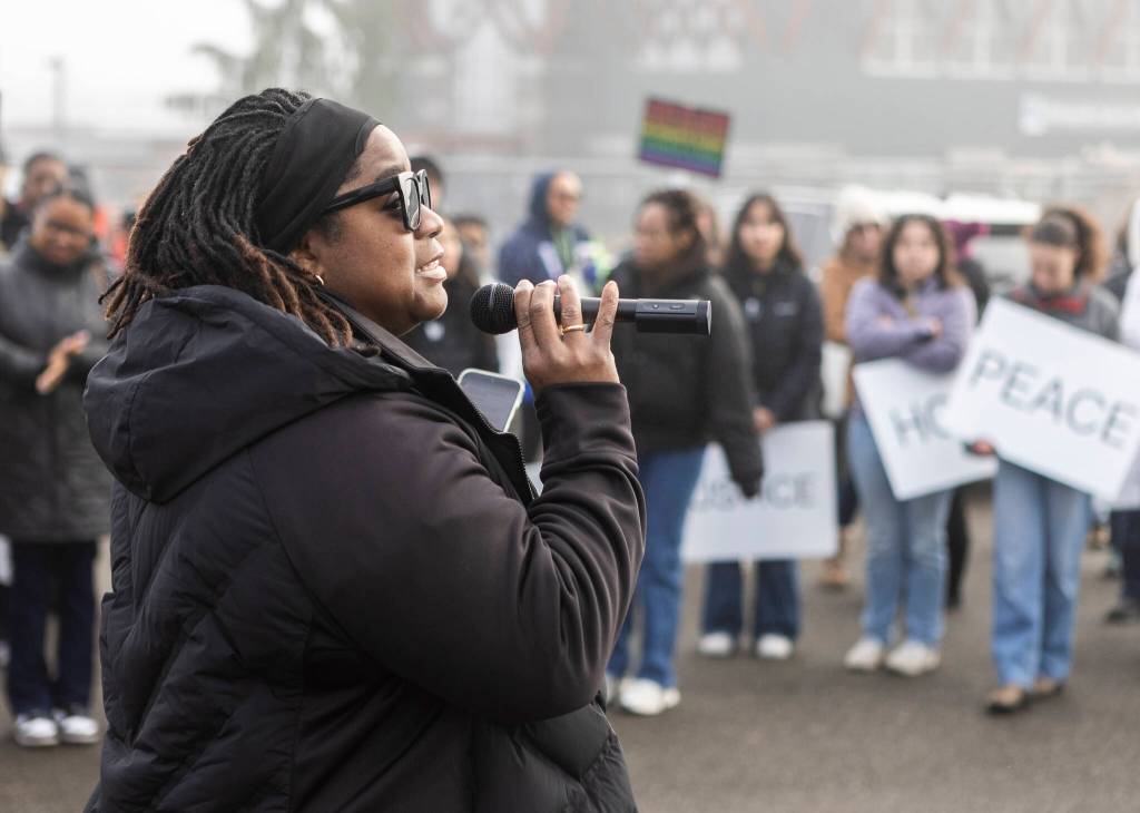 Olympia Edwards, the CEO of the Project Girl Mentoring Program, speaks before the start of a Martin Luther King Jr. Day march on Monday, Jan. 19, 2026, in Everett, Washington. (Olivia Vanni / The Herald)