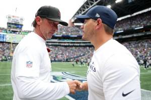 The coaching matchup between San Francisco's Kyle Shanahan (left) and Seattle's Mike Macdonald will be a major factor in Saturday's playoff game. (Getty Images / The Athletic)