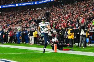 Zach Charbonnet scores a touchdown against the San Francisco 49ers at Levi's Stadium in Santa Clara, California on Saturday, Jan. 3, 2026. (Photo courtesy of the Seattle Seahawks)