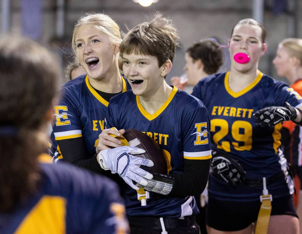 Everetts Mila Kosovich celebrates after scoring a touchdown against Monroe during the game on Wednesday, Jan. 14, 2026 in Everett, Washington. (Olivia Vanni / The Herald)