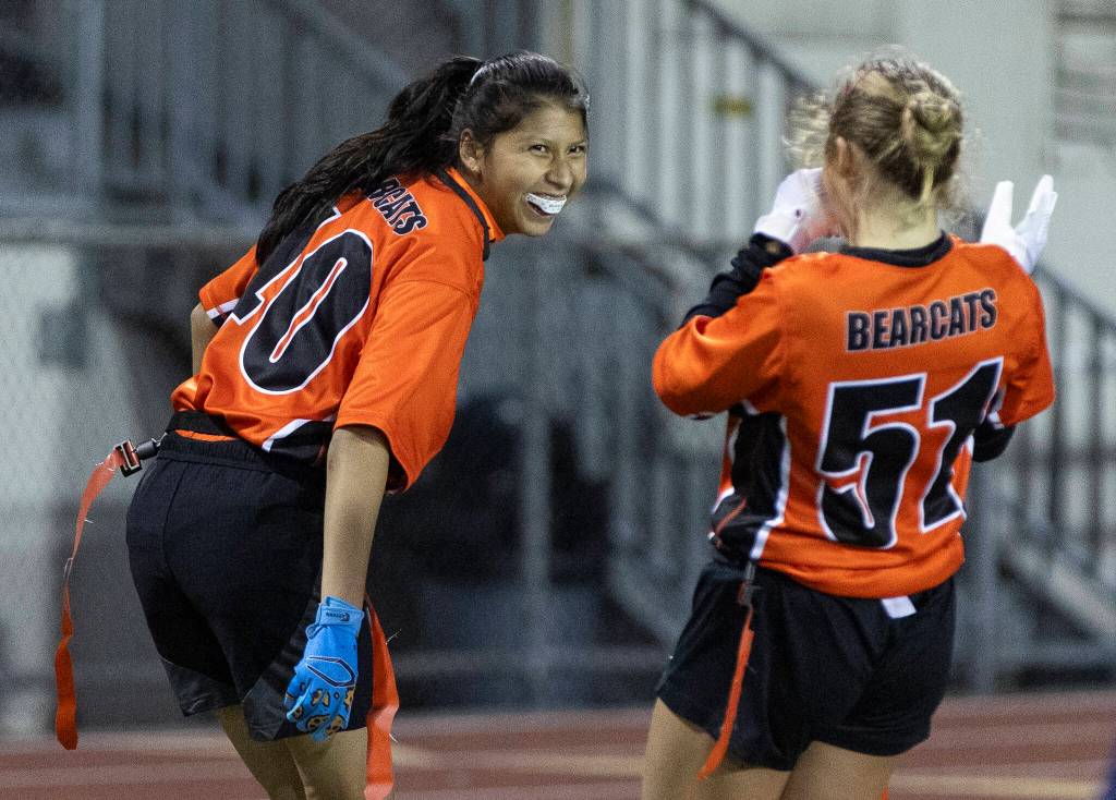 Monroes Betzy Garcia celebrates scoring a touchdown against Everett during the game on Wednesday, Jan. 14, 2026 in Everett, Washington. (Olivia Vanni / The Herald)