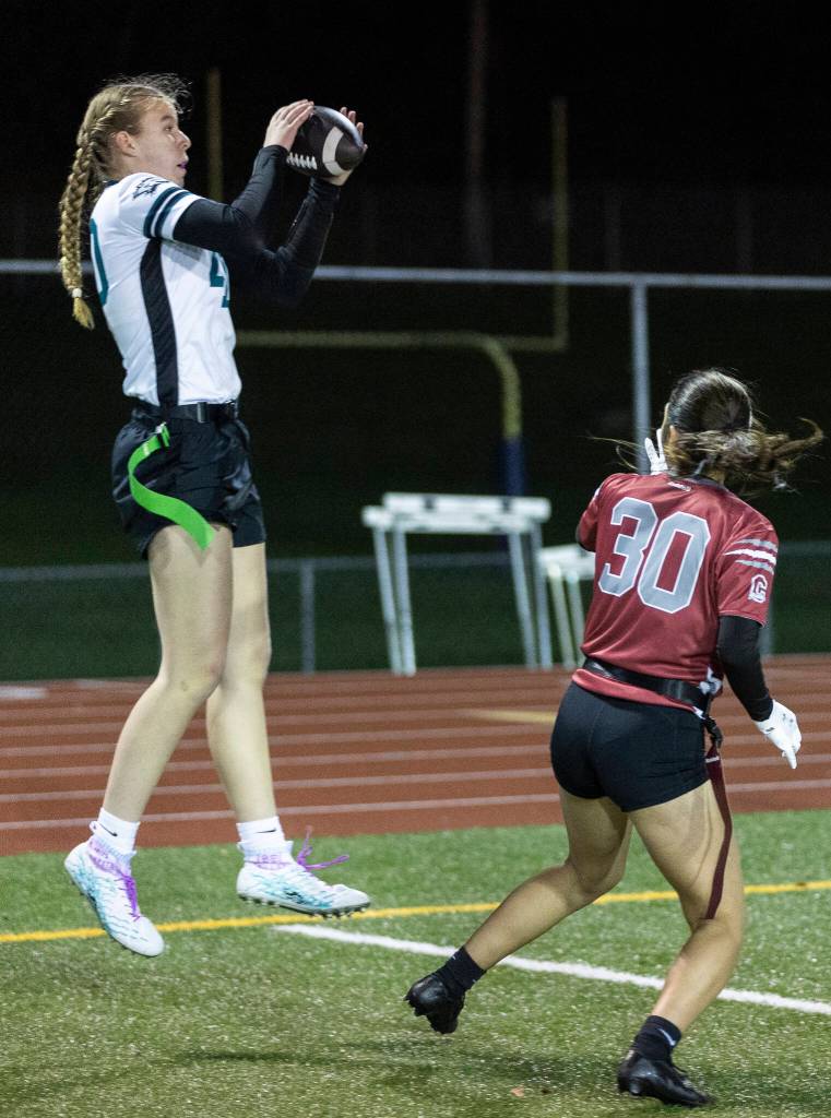 Jacksons Clara Dorgan makes a catch in the end zone for a touchdown against Cascade during the game on Wednesday, Jan. 14, 2026 in Everett, Washington. (Olivia Vanni / The Herald)