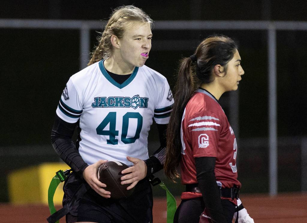 Jacksons Clara Dorgan reacts after scoring a touchdown against Cascade during the game on Wednesday, Jan. 14, 2026 in Everett, Washington. (Olivia Vanni / The Herald)