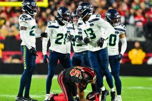 Seattle Seahawks linebacker Ernest Jones IV (13) and Devin Witherspoon (21) have helped turn around the team's defense. (Photo courtesy of the Seattle Seahawks)