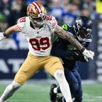 Seattle Seahawks linebacker Ernest Jones IV (13) intercepts a pass against the San Francisco 49ers on Saturday, Jan. 17, 2026 at Lumen Field in Seattle, Washington. (Photo courtesy of the Seattle Seahawks)