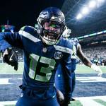 Seattle Seahawks linebacker Ernest Jones IV (13) celebrates after intercepting a pass against the San Francisco 49ers on Saturday, Jan. 17, 2026 at Lumen Field in Seattle, Washington. (Photo courtesy of the Seattle Seahawks)