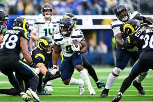 Seattle Seahawks running back Kenneth Walker III carries the ball against the Los Angeles Rams on Sunday, Nov. 16, 2025 at SoFi Stadium in Inglewood, California. (Photo courtesy of the Seattle Seahawks)