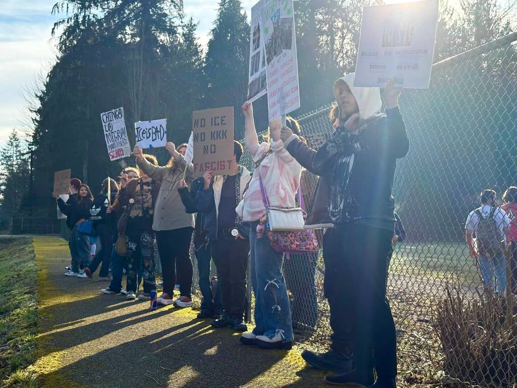 Legacy High School students in front of their school, during a walkout, protest ICE on Tuesday, Jan. 20, 2026, in Marysville. (Taylor Scott Richmond / The Herald)