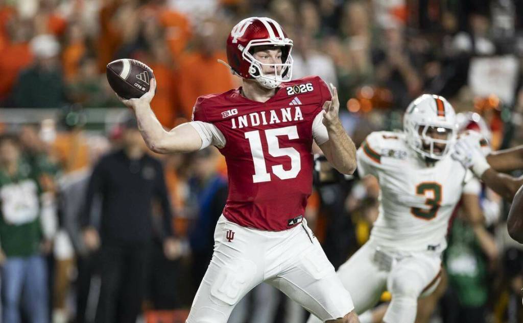 Indiana Hoosiers quarterback Fernando Mendoza (15) looks to pass the ball in the first half of his College Football Playoff National Championship Game against the Miami Hurricanes at Hard Rock Stadium on Monday, Jan. 19, 2026, in Miami Gardens, Florida. (Matias J. Ocner, Tribune News Services)