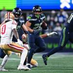 Seattle Seahawks running back Zach Charbonnet carries the ball against the San Francisco 49ers at Lumen Field in Seattle, Washington on Saturday. (Photo courtesy of the Seattle Seahawks)