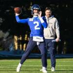 Drew Lock (2) practices on Wednesday, Jan. 21, 2026 at the Virginia Mason Athletic Center in Renton, Washington. (Photo courtesy of Edwin Hooper / Seattle Seahawks)