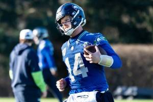 Sam Darnold (14) practices on Wednesday, Jan. 21, 2026 at the Virginia Mason Athletic Center in Renton, Washington. (Photo courtesy of Rod Mar / Seattle Seahawks)