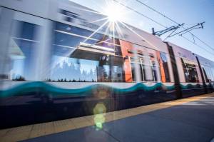 A Link light rail train pulls into the Mountlake Terrace station on Wednesday, Aug. 28, 2024 in Mountlake Terrace, Washington. (Olivia Vanni / The Herald)