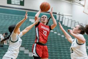 Snohomish's Sienna Capelli takes a jump shot during the game against Jackson on Thursday, Jan. 22, 2026 in Mill Creek, Washington. (Olivia Vanni / The Herald)