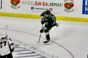 Silvertips forward Carter Bear fires a shot on net in Everett's 4-1 win against the Vancouver Giants at Angel of the Winds Arena on Jan. 17, 2026. (Joe Pohoryles / The Herald)