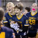 Everetts Mila Kosovich celebrates after scoring a touchdown against Monroe during the game on Wednesday, Jan. 14, 2026 in Everett, Washington. (Olivia Vanni / The Herald)