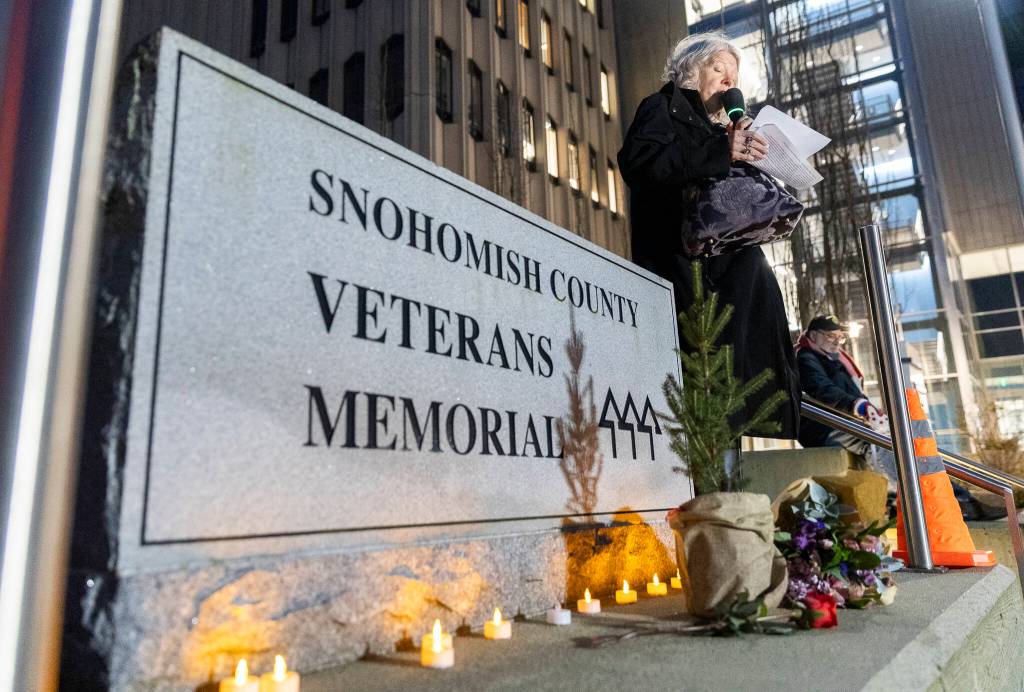The Rev. Rachel Taber-Hamilton of Trinity Episcopal Church in Everett speaks during a vigil held at the Snohomish County Campus as a show of solidarity with the city of Minneapolis as the Midwest city faces a dramatic uptick in immigration enforcement on Tuesday, Jan. 27, 2026, in Everett, Washington. (Olivia Vanni / The Herald)
