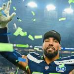 Seahawks defensive tackle Leonard Williams celebrates as confetti falls on Lumen Field after the Seahawks beat the Los Angeles Rams on Sunday in Seattle. (Photo courtesy of the Seattle Seahawks)
