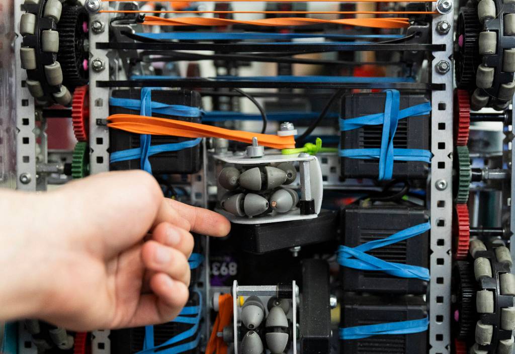 The undercarriage of team 8931Rs robot on Thursday, Jan. 29, 2026 in Lake Stevens, Washington. (Olivia Vanni / The Herald)