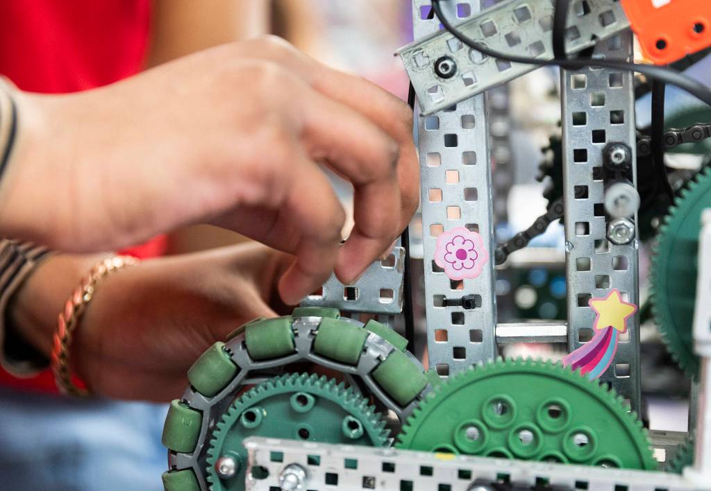 Stickers are visible on the side of a robot on Thursday, Jan. 29, 2026 in Lake Stevens, Washington. (Olivia Vanni / The Herald)