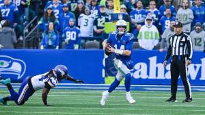 Seahawks quarterback Sam Darnold looks to pass against the Minnesota Vikings at Lumen Field in Seattle, Washington on Nov. 30. 2025. (Photo courtesy of the Seattle Seahawks)