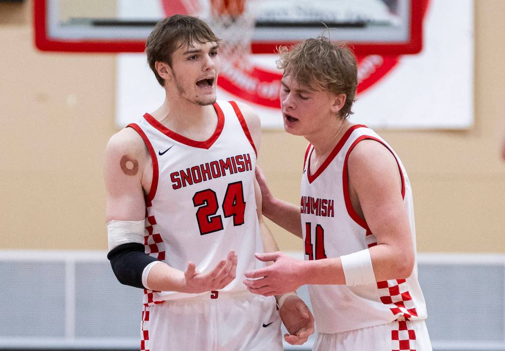 Snohomishs Luke Davis reacts to a foul called on him during the game against Monroe on Wednesday, Jan. 28, 2026 in Snohomish, Washington. (Olivia Vanni / The Herald)