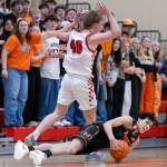 Snohomishs Hudson Smith reacts to a foul being called on him while Monroes Dominic Castillo falls to the ground during the game on Wednesday, Jan. 28, 2026 in Snohomish, Washington. (Olivia Vanni / The Herald)