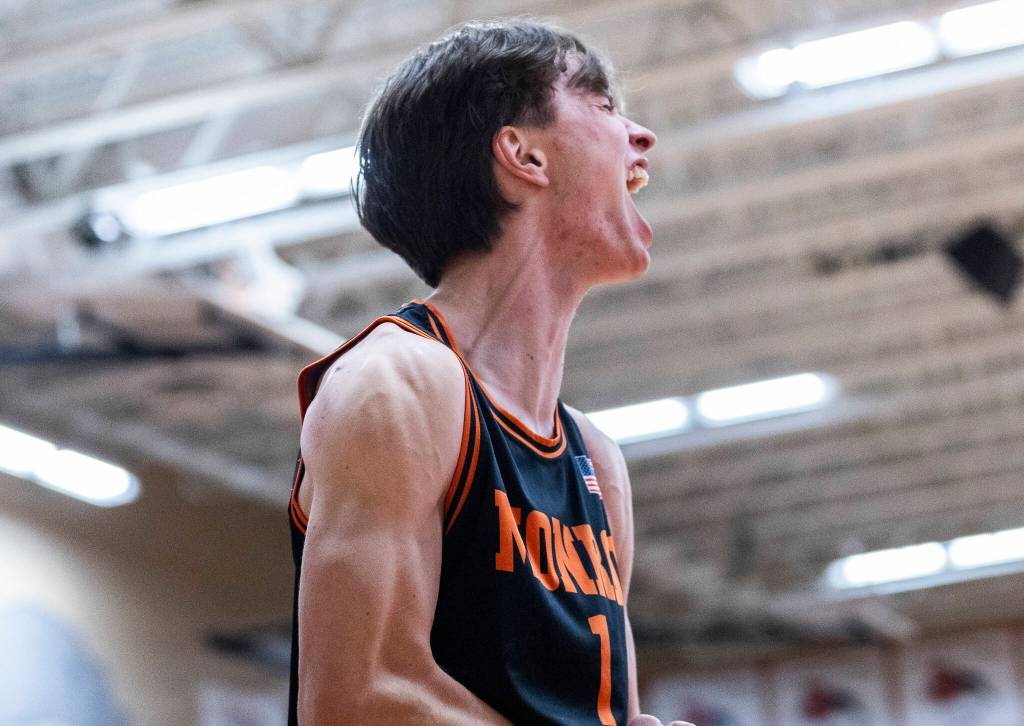 Monroes Caleb Campbell reacts during the game against Snohomish on Wednesday, Jan. 28, 2026 in Snohomish, Washington. (Olivia Vanni / The Herald)