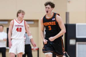Monroe’s Isaiah Kiehl reacts during the game against Snohomish on Wednesday, Jan. 28, 2026 in Snohomish, Washington. (Olivia Vanni / The Herald)