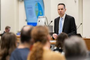 Marysville Mayor Jon Nehring talks during his State of the City Address on Wednesday, Jan. 28, 2026 in Marysville, Washington. (Olivia Vanni / The Herald)
