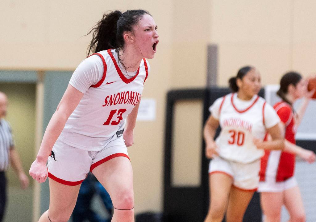 Snohomishs Sienna Capelli reacts during the game against Stanwood on Friday, Jan. 30, 2026 in Snohomish, Washington. (Olivia Vanni / The Herald)