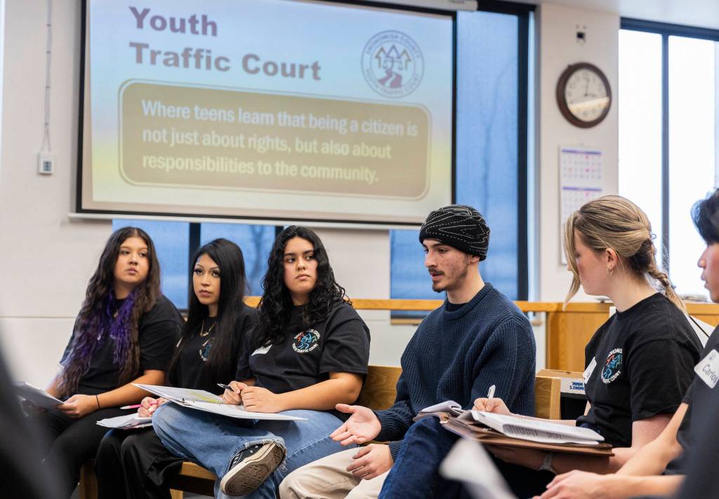 Youth Traffic Court respondent Todd Hutchings talks about his speeding ticket at the Snohomish County Courthouse on Friday, Jan. 30, 2026 in Everett, Washington. (Olivia Vanni / The Herald)