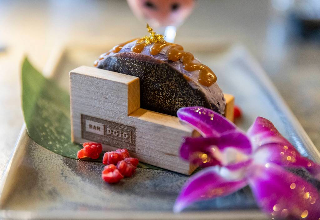 A chocochurro ice cream taco offered as a part of the taco omakase chef tasting at Bar Dojo on Wednesday, Jan. 28, 2026 in Edmonds, Washington. (Olivia Vanni / The Herald)
