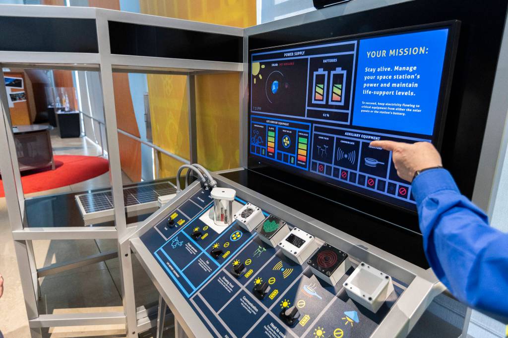 Interactive space station battery activity at the Boeing Future of Flight on Thursday, Jan. 15, 2026 in Everett, Washington. (Olivia Vanni / The Herald)