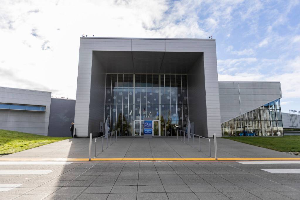 The main entrance to the Boeing Future of Flight on Thursday, Jan. 15, 2026 in Everett, Washington. (Olivia Vanni / The Herald)