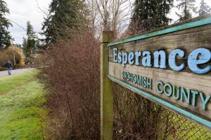 A person walks along 222nd Street Southwest next to Esperance Park on Tuesday, Feb. 3, 2026 in Edmonds, Washington. (Olivia Vanni / The Herald)