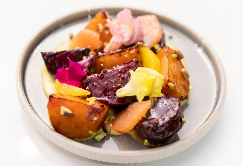 The roasted beets with pistachio, tahini and citrus from Whiskey Prime Steakhouse at the Angel of the Winds Casino Resort on Thursday, Jan. 29, 2026 in Arlington, Washington. (Olivia Vanni / The Herald)