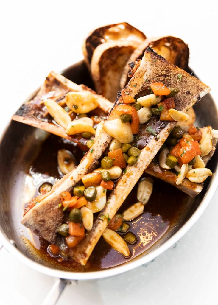 The roasted bone marrow with garlic confit, cornichon, bordelaise sauce, tomato-aged balsamic and grilled onion bread from Whiskey Prime Steakhouse at the Angel of the Winds Casino Resort on Thursday, Jan. 29, 2026 in Arlington, Washington. (Olivia Vanni / The Herald)