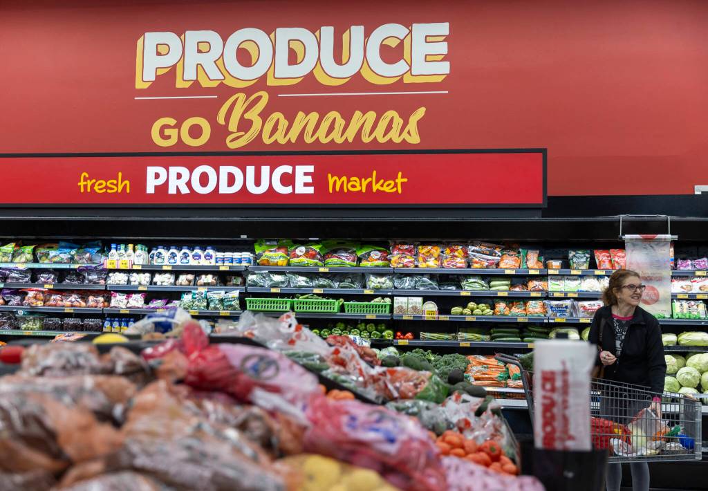 Customers browse the produce section inside the Grocery Outlet on Tuesday, Feb. 10, 2026 in Everett, Washington. (Olivia Vanni / The Herald)