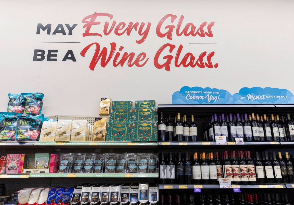 A selection of wine and chocolate inside the Grocery Outlet on Tuesday, Feb. 10, 2026 in Everett, Washington. (Olivia Vanni / The Herald)