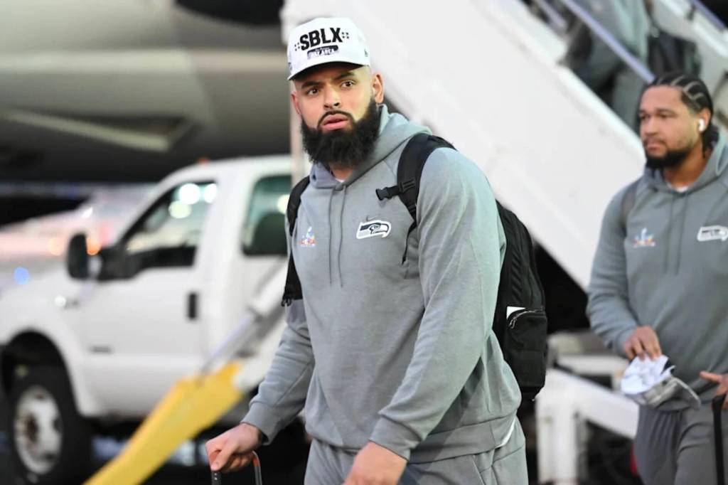 Seahawks right tackle Abraham Lucas arrives for Super Bowl week at Jose Mineta International Airport in San Jose, California on Sunday. (Photo courtesy of the Seattle Seahawks)