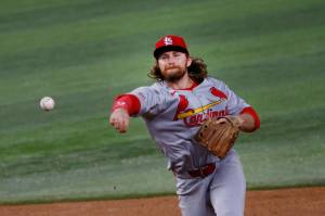 St. Louis Cardinals second base Brendan Donovan (33) throws to first for a double play during the fifth inning of a baseball game at Globe Life Field, Friday, May 30, 2025, in Arlington, Texas. (Chitose Suzuki, The Dallas Morning News, Tribune News Services)
