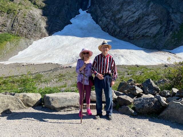 Marlene and Roger Sweet standing in front of a Big Four Ice Cave along the Mountain Loop Highway, east of Silverton, in June 2025. (Provided photo)