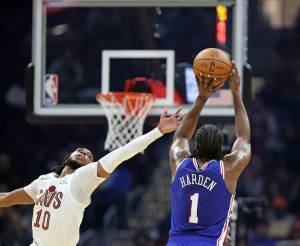 James Harden and Darius Garland. They now have been traded for each other. This was from 2022 when Harden played Philadelphia. (Joshua Gunter/Tribune News Services)
