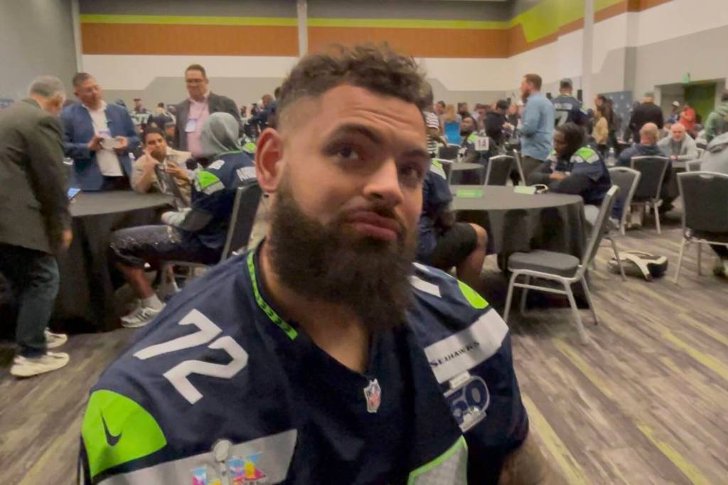 Seattle Seahawks right tackle Abraham Lucas speaks with the Herald at the San Jose Convention Center on Wednesday, Feb. 4, 2026. (Aaron Coe / The Herald)